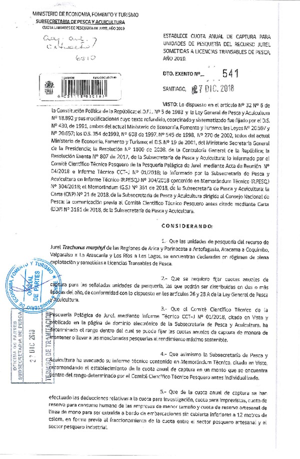 Dec. Ex. N° 541-2018 Establece Cuota Anual de Captura Recurso Jurel Sometidas a Licencias Transables de Pesca, Año 2019. (Publicado en Página Web 28-12-2018) (F.D.O. 04-01-2019)