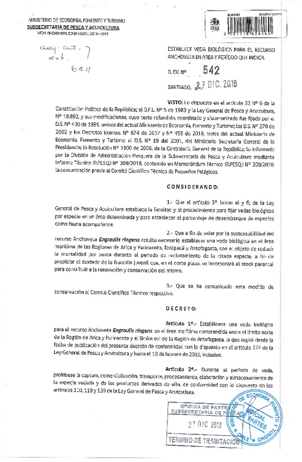 Dec. Ex. N° 542-2018 Establece Veda Biológica para el Recurso Anchoveta entre las Regiones de Arica y Parinacota y Antofagasta. (Publicado en Página Web 28-12-2018) (F.D.O. 04-01-2019)