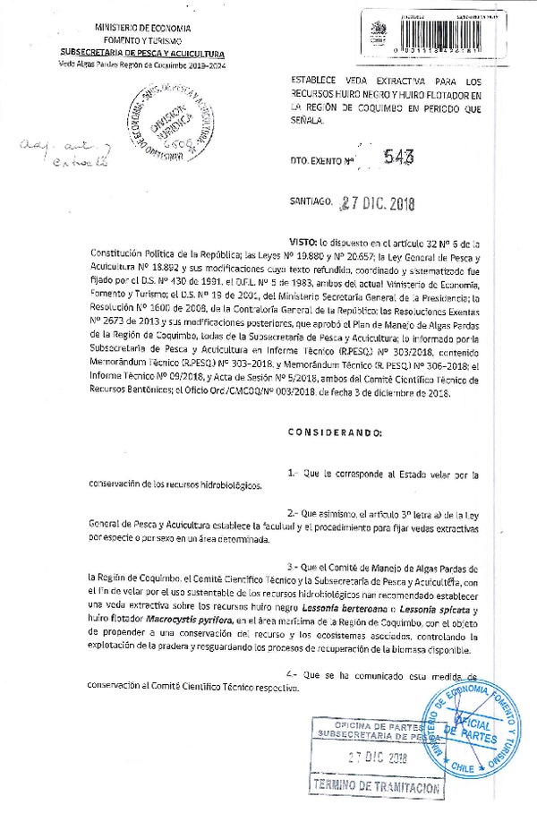 Dec. Ex. N° 543-2018 Establece Veda Extractiva Recursos Huiro Negro y Huiro Flotador, Región de Coquimbo. (Publicado en Página Web 28-12-2018) (F.D.O. 04-01-2019)