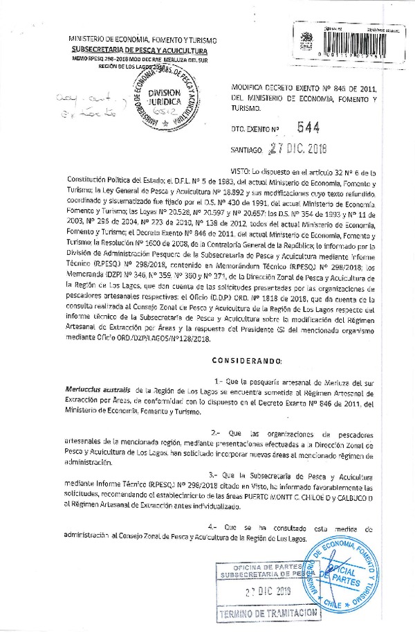 Dec. Ex. N° 544-2018 Modifica Decreto N° 846-2011 Establece Régimen Artesanal de Extracción recurso Merluza del sur, Región de Los Lagos. (Publicado en Página Web 28-12-2018) (F.D.O. 04-01-2019)