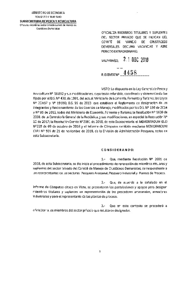 Res. Ex. N° 4458-2018 Oficializa Miembros del Sector Privado que se Indican del Comité de Manejo de Crustáceos Demersales, Declara Vacancias y Abre Período Extraordinario. (Publicado en Página Web 28-12-2018)