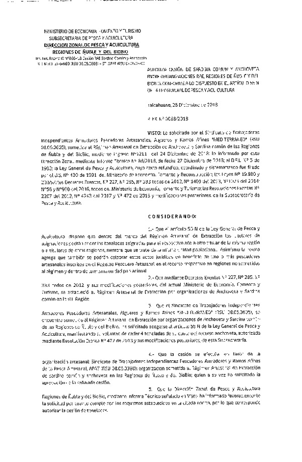 Res. Ex. N° 88-2018 (DZP VIII) Autoriza Cesión Anchoveta y Sardina común, Regiones de Ñuble y del Biobío.