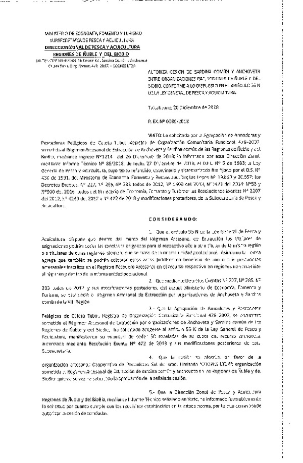 Res. Ex. N° 89-2018 (DZP VIII) Autoriza Cesión Anchoveta y Sardina común, Regiones de Ñuble y del Biobío.