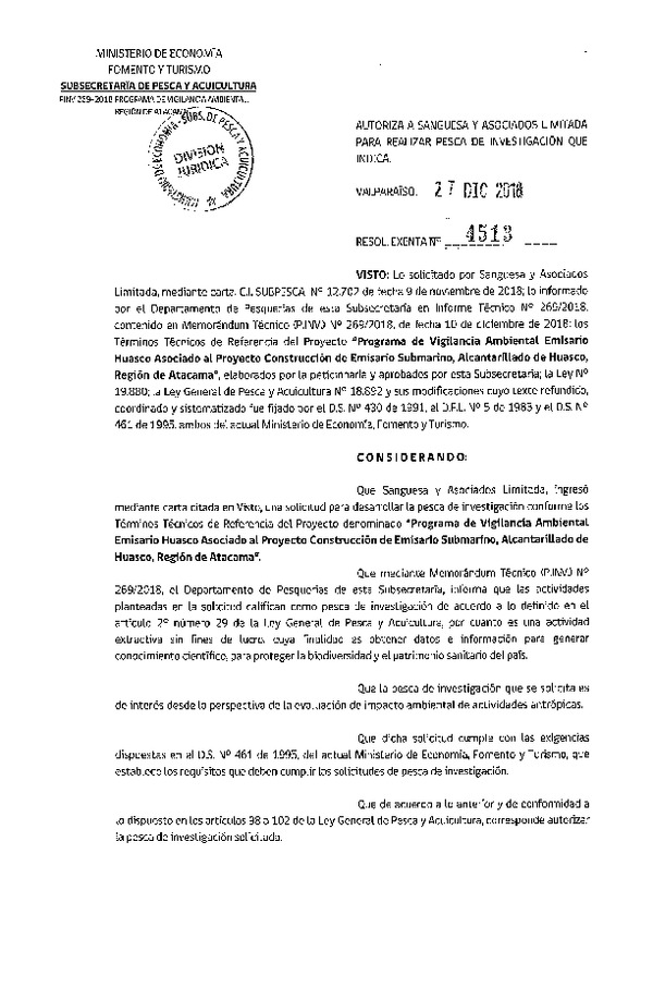 Res. Ex. N° 4513-2018 Programa de vigilancia ambiental, Región de Atacama.