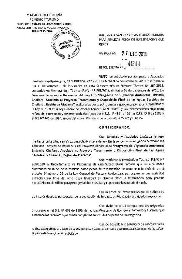 Res. Ex. N° 4514-2018 Programa de vigilancia ambiental, Región de Atacama.