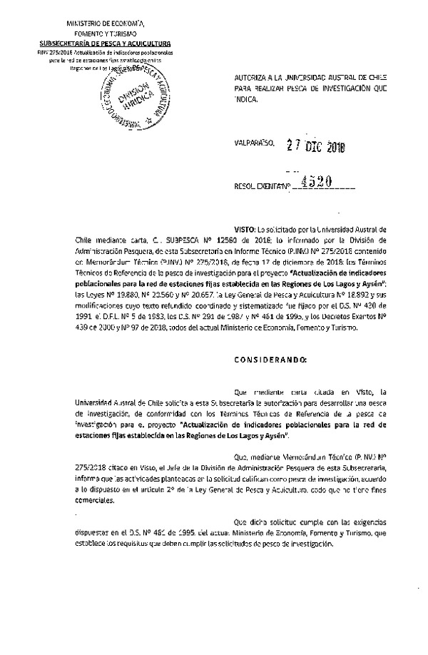 Res. Ex. N° 4520-2018 Actualización de indicadores poblacionales erizo y almeja, Región de Aysén.