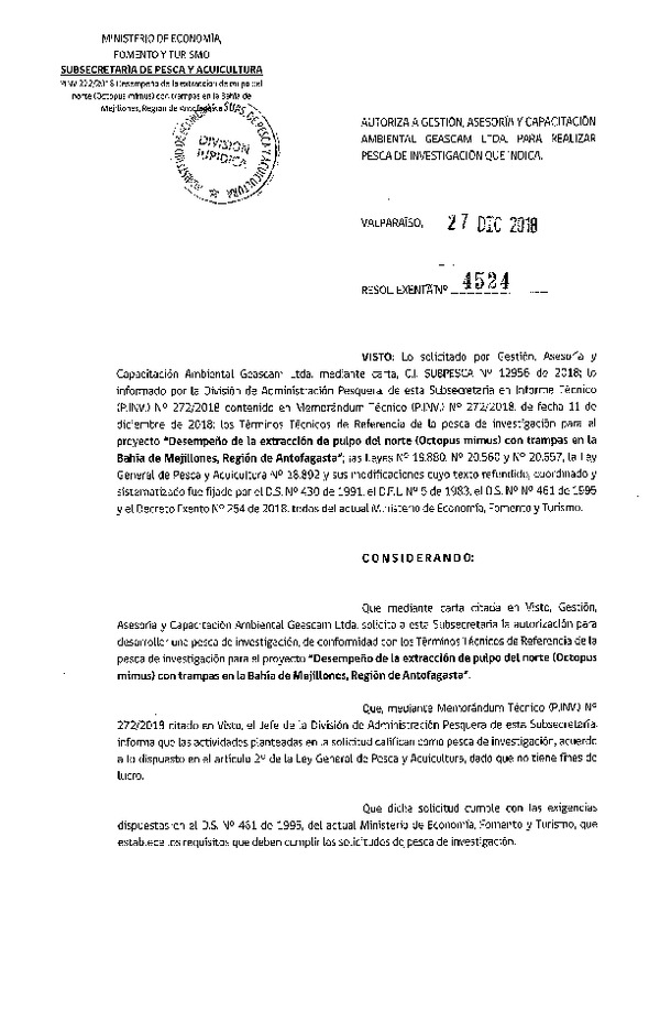 Res. Ex. N° 4524-2018 Desempeño de la extracción de pulpo del norte.