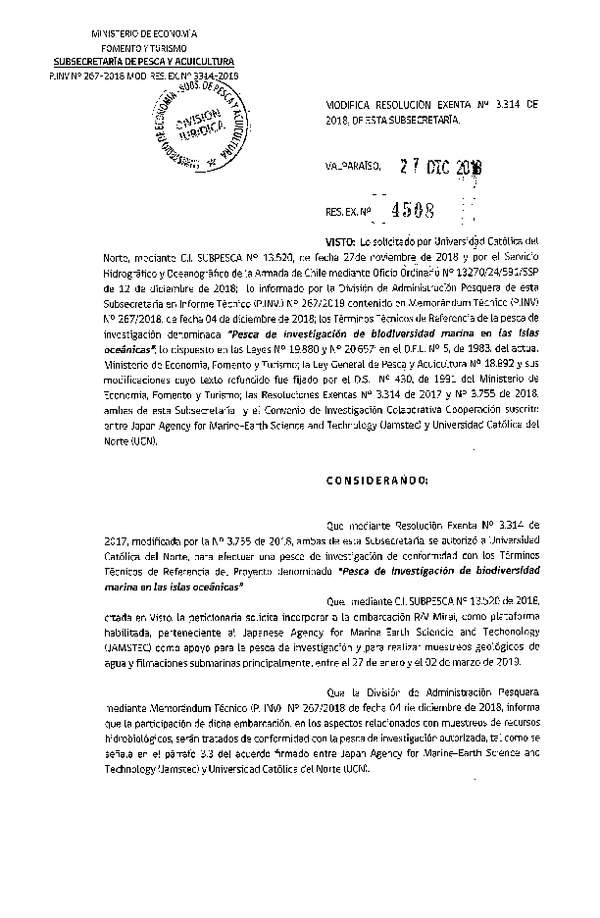 Res. Ex. N° 4508-2018 Modifica 	Res. Ex. N° 3314-2017 Pesca de investigación de biodiversidad marina en Islas Oceánicas.