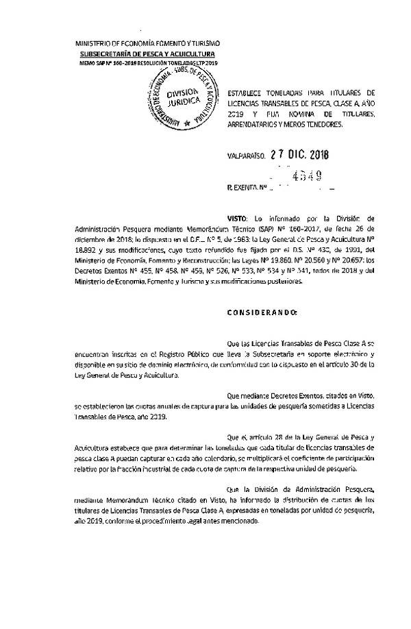 Res. Ex. N° 4549-2018 Establece Toneladas para Titulares de LTP clase A Año 2019 y Fija Nómina de Titulares, Arrendatarios y Meros Tenedores. (Publicado en Página Web 31-12-2018) (F.D.O. 09-01-2019)