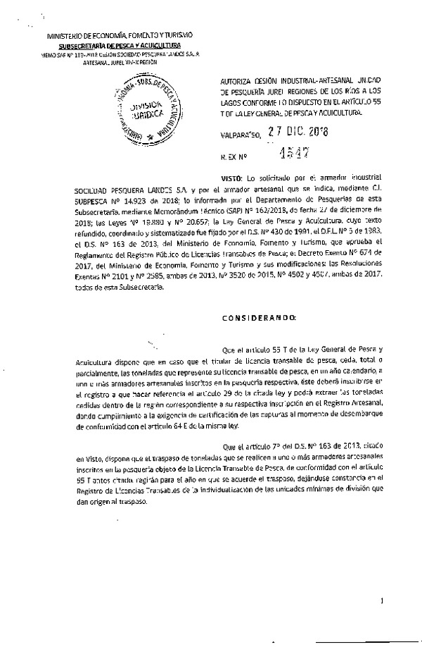 Res. Ex. N° 4547-2018 Autoriza cesión pesquería jurel.