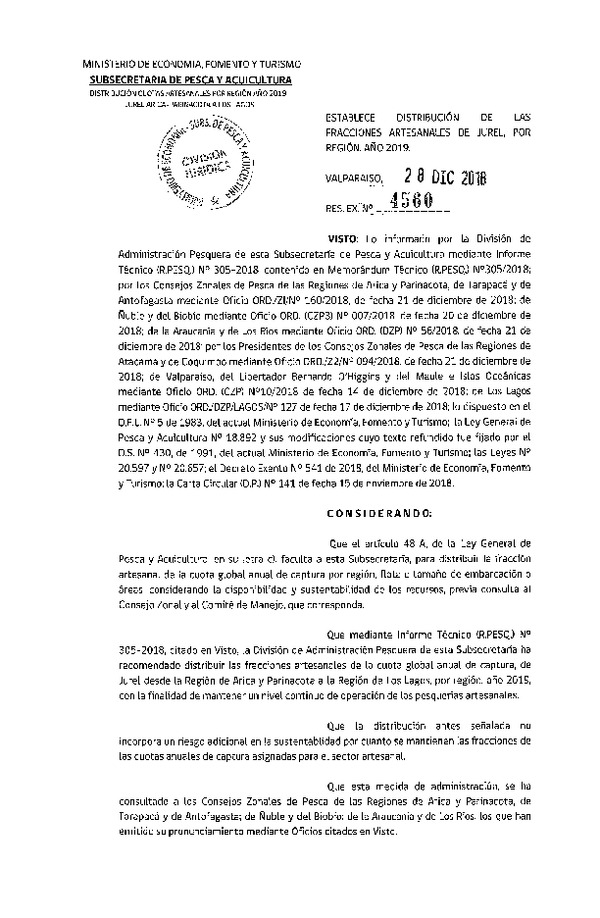 Res. Ex. N° 4560-2018 Establece Distribución de las Fracciones Artesanales de Jurel por Región, Año 2019. (Publicado en Página Web 02-01-2019) (F.D.O. 08-01-2019)