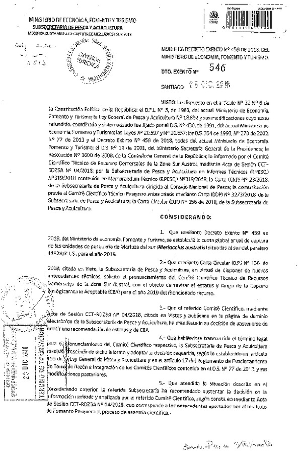 Dec. Ex. N° 546-2018 Modifica Dec. Ex. N° 459-2018 Establece Cuotas Anuales de Captura de Unidades de Pesquería de Recursos Demersales, Sometidas a Licencias Transables de Pesca, Año 2019. (Publicado en Página Web 02-01-2019) (F.D.O. 04-01-2019)