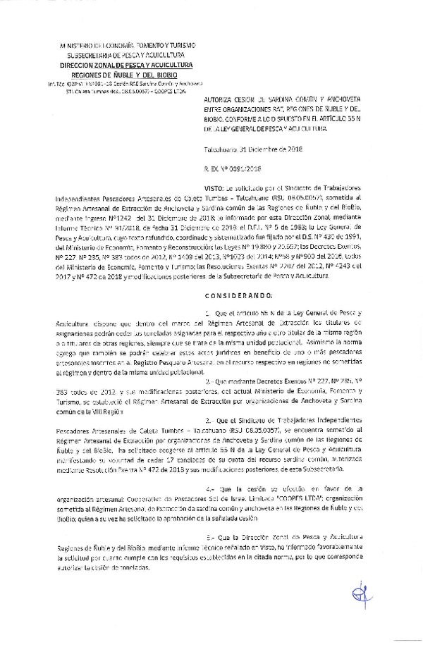 Res. Ex. N° 91-2018 (DZP VIII) Autoriza Cesión Anchoveta y Sardina común, Regiones de Ñuble y del Biobío.