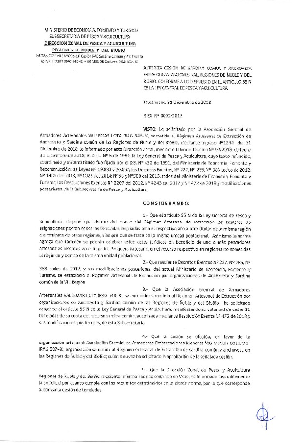 Res. Ex. N° 92-2018 (DZP VIII) Autoriza Cesión Anchoveta y Sardina común, Regiones de Ñuble y del Biobío.