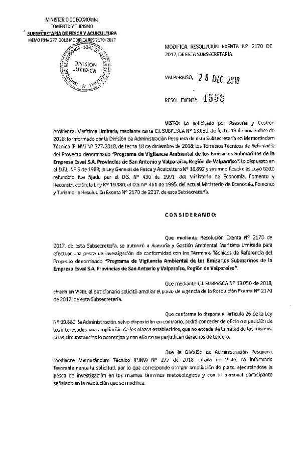Res. Ex. N° 4553-2018 Modifica 	Res. Ex. N° 2170-2017 Programa de vigilancia ambiental provincias de San Antonio y Valparaíso.