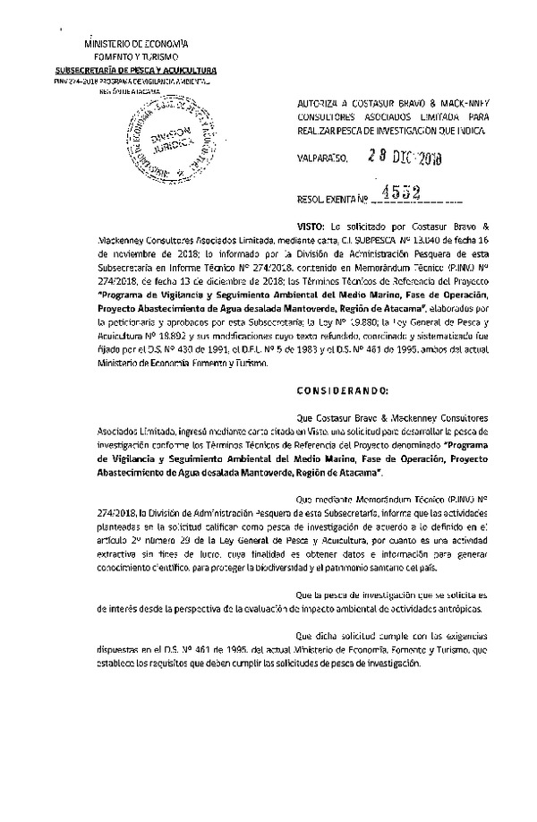 Res. Ex. N° 4552-2018 Programa de vigilancia y seguimiento ambiental medio marino, Región de Atacama.