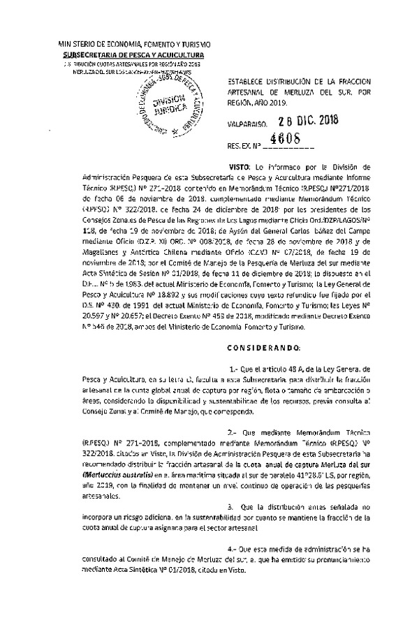 Res. Ex. N° 4608-2018 Establece Distribución de la Fracción Artesanal de Merluza del sur, Por Región, Año 2019, Regiones de Los Lagos, Aysén y Magallanes. (Publicado en Página Web 03-01-2019) (F.D.O. 11-01-2019)