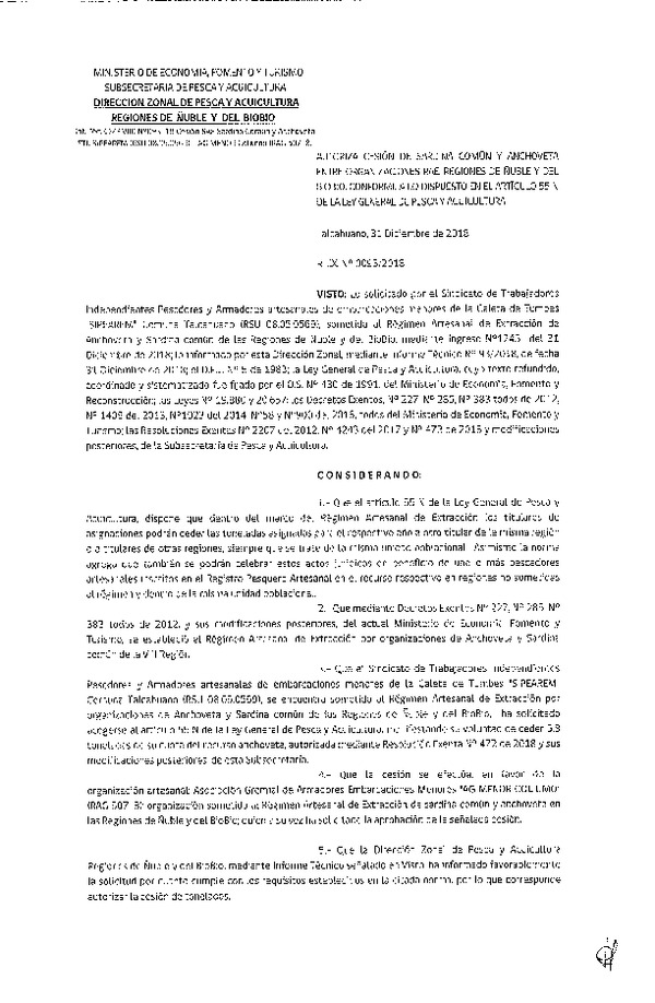 Res. Ex. N° 93-2018 (DZP VIII) Autoriza Cesión Anchoveta y Sardina común, Regiones de Ñuble y del Biobío.