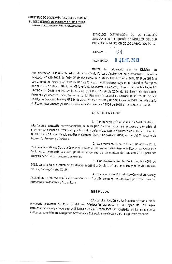 Res. Ex. N° 4-2019 Distribución de la Fracción Artesanal de Pesquería de Merluza del Sur por Área, Región de Los Lagos, año 2019. (Publicado en Página Web 04-01-2019) (F.D.O. 14-01-2019)