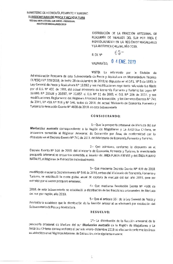 Res. Ex. N° 5-2019 Distribución de la Fracción Artesanal de Pesquería de Merluza del Sur por Área e Individualmente, Región de Magallanes y la Antártica Chilena, año 2019. (Publicado en Página Web 04-01-2019) (F.D.O. 14-01-2019)