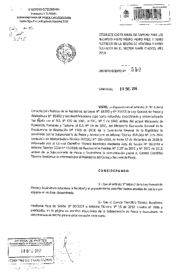 Dec. Ex. N° 550-2018 Establece Cuota de Captura Recursos Huiro negro, Huiro Palo y Huiro flotador, Región de Atacama y Huiro flotador Sector Bahía Chasco, Año 2019. (Publicado en Página web 04-01-2019) (F.D.O. 07-01-2019)