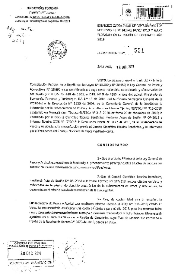 Dec. Ex. N° 551-2018 Establece Cuota de Captura Recursos Huiro negro, Huiro Palo y Huiro flotador, Región de Coquimbo, Año 2019. (Publicado en Página web 04-01-2019) (F.D.O. 07-01-2019)