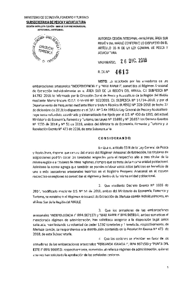 Res. Ex. N° 4613-2018 Autoriza cesión Merluza común Región del Maule.