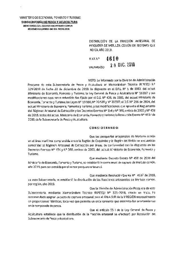 Res. Ex. N° 4610-2018 Distribución de la fracción artesanal de pesquería de merluza común, Regiones de Coquimbo al Biobío, año 2019. (Publicado en Página Web 04-01-2019) (F.D.O. 11-01-2019)