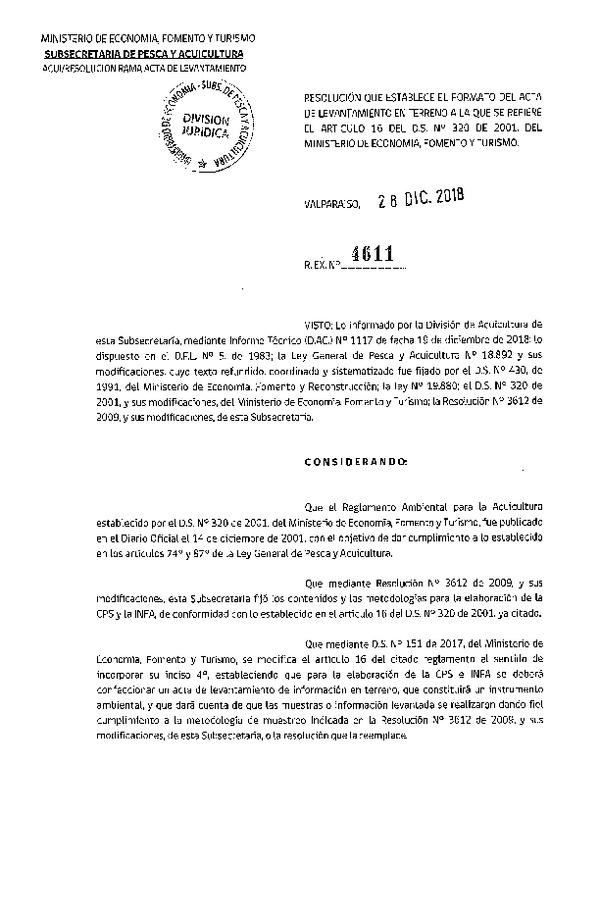 Res. Ex. N° 4611-2018 Establece el Formato del Acta de Levantamiento en Terreno Artículo 16 del D.S. N° 320-2001. (Con Informe Técnico) (Publicado en Página Web 07-01-2019) (F.D.O. 11-01-2019)