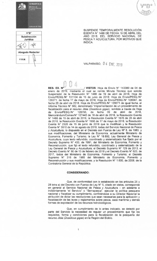 Res. Ex. N° 004-2019 (Sernapesca) Suspende Temporalmente Res. Ex. N° 1486-2018. (Publicado en Página Web 07-01-2019)