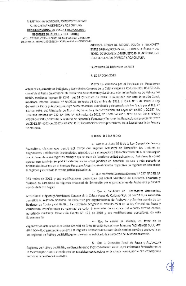 Res. Ex. N° 94-2018 (DZP VIII) Autoriza Cesión Anchoveta y Sardina común, Regiones de Ñuble y del Biobío.