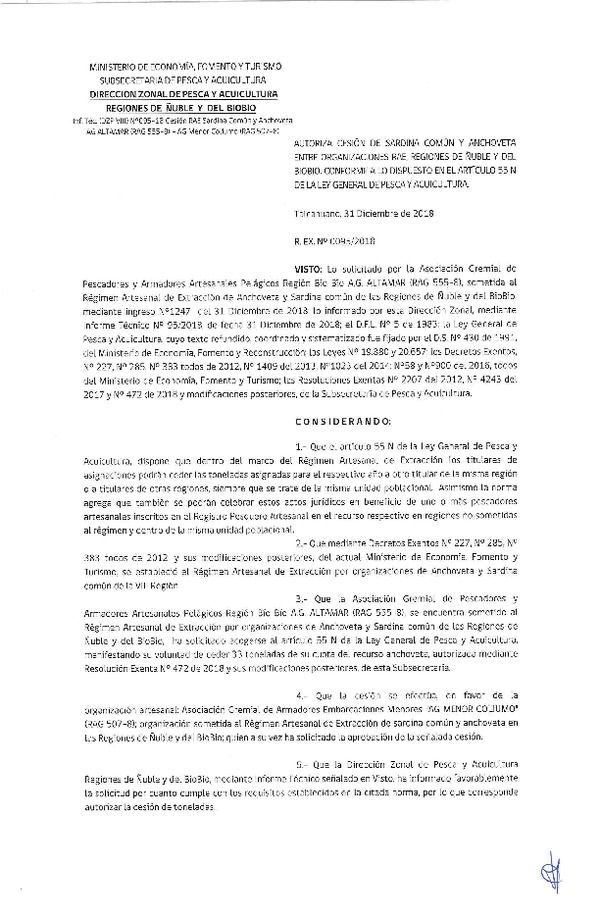 Res. Ex. N° 95-2018 (DZP VIII) Autoriza Cesión Anchoveta y Sardina común, Regiones de Ñuble y del Biobío.