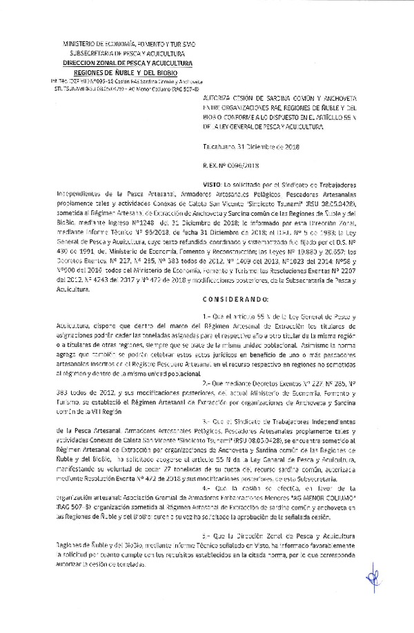 Res. Ex. N° 96-2018 (DZP VIII) Autoriza Cesión Anchoveta y Sardina común, Regiones de Ñuble y del Biobío.