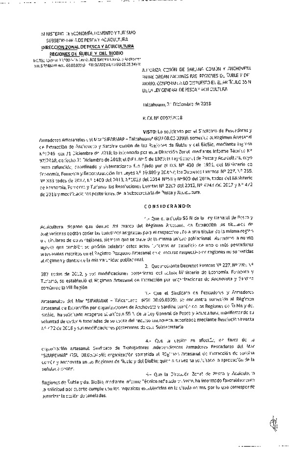 Res. Ex. N° 97-2018 (DZP VIII) Autoriza Cesión Anchoveta y Sardina común, Regiones de Ñuble y del Biobío.
