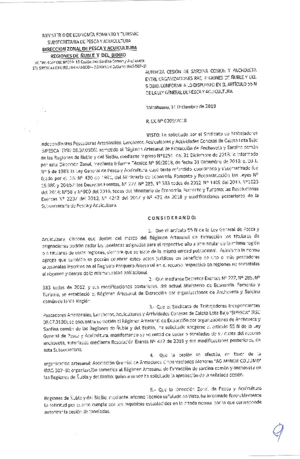 Res. Ex. N° 99-2018 (DZP VIII) Autoriza Cesión Anchoveta y Sardina común, Regiones de Ñuble y del Biobío.