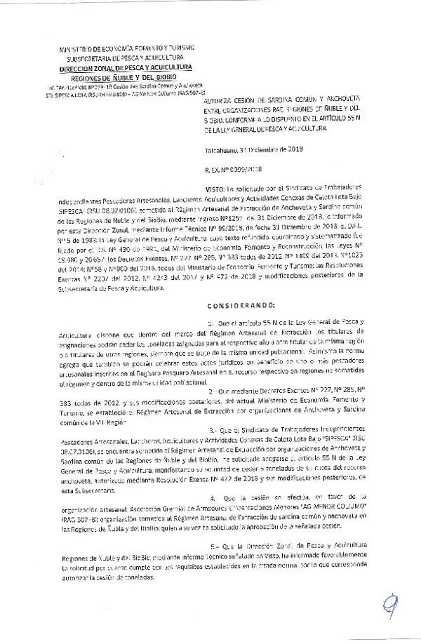 Res. Ex. N° 99-2018 (DZP VIII) Autoriza Cesión Anchoveta y Sardina común, Regiones de Ñuble y del Biobío.