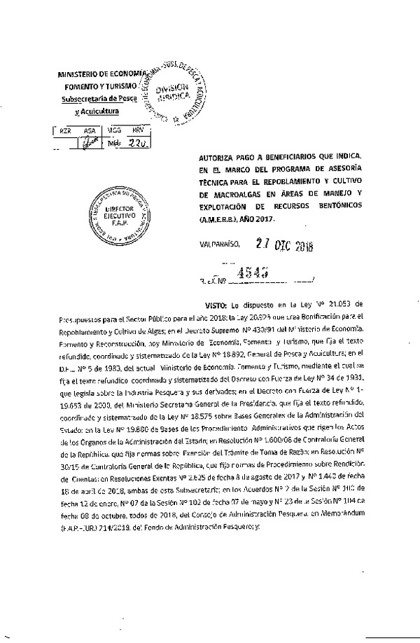 Res. Ex. N° 4545-2018 Autoriza pago a beneficiario que indica, en el marco del programa de asesoría técnica para el repoblamiento y cultivo de macroalgas en AMERB, año 2017.