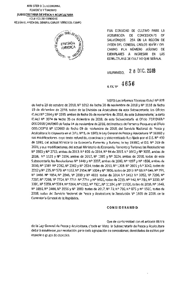 Res. Ex. N° 4656-2018 Fija Densidad de Cultivo para la Agrupación de Concesiones de Salmónidos 25A Región de Aysén (Con Informe Técnico) (Publicado en Página Web 08-01-2019)