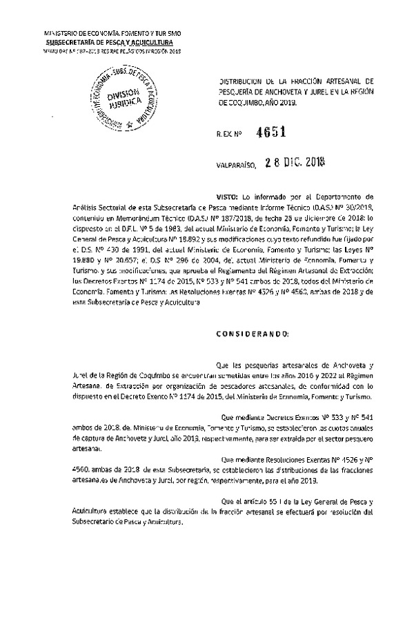 Res. Ex. N° 4651-2018 Distribución de la fracción artesanal de pesquería de Anchoveta y Jurel, Región de Coquimbo, año 2019. (Publicado en Página Web 08-01-2019)