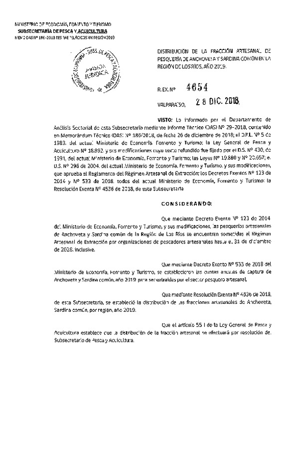 Res. Ex. N° 4654-2018 Distribución de la fracción artesanal de pesquería de Anchoveta y sardina común, Región de Los Ríos, año 2019. (Publicado en Página Web 08-01-2019)