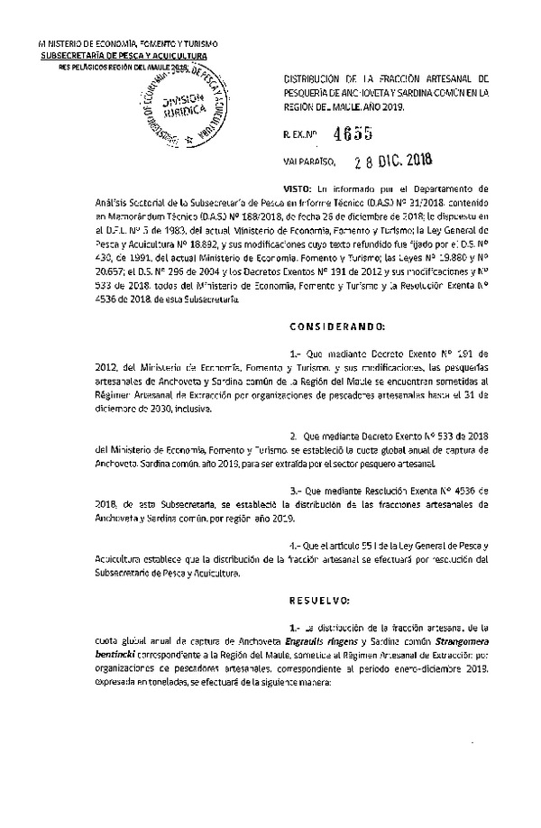 Res. Ex. N° 4655-2018 Distribución de la fracción artesanal de pesquería de Anchoveta y sardina común, Región del Maule, año 2019.  (Publicado en Página Web 08-01-2019)