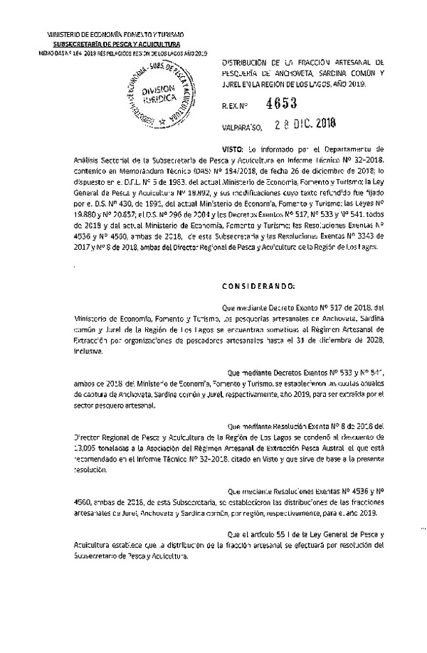 Res. Ex. N° 4653-2018 Distribución de la fracción artesanal de pesquería de Anchoveta, sardina común y Jurel, Región de Los Lagos, año 2019. (Publicado en Página Web 08-01-2019)