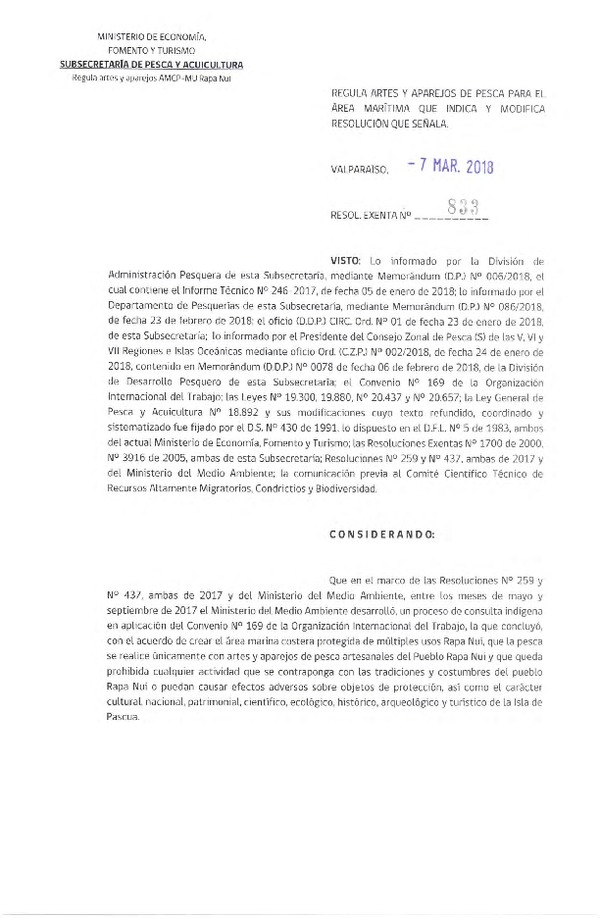 Res. Ex. N° 833-2018 Regula Artes y Aparejos de Pesca para el Área Marítima del Mar Territorial y Zona Económica Exclusiva de la Isla de Pascua y la Isla Salas y Gómez. (Publicado en Página Web 07-03-2018) (F.D.O. 20-03-2018)