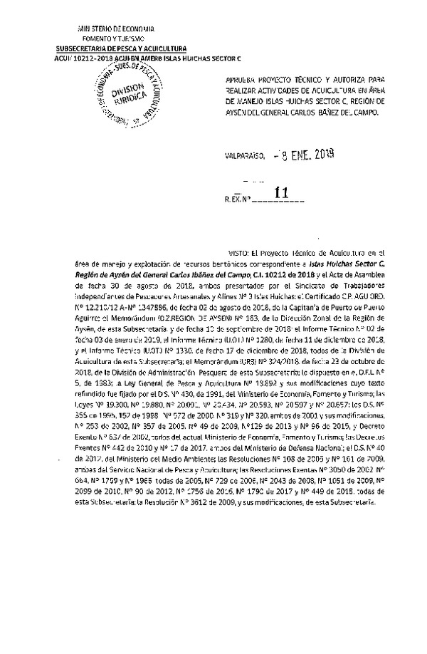 Res. Ex. N° 11-2019 Aprueba proyecto técnico para realizar actividades de acuicultura en área de manejo Islas Huichas Sector C, Región de Aysén. (Publicado en Página Web 09-01-2019)