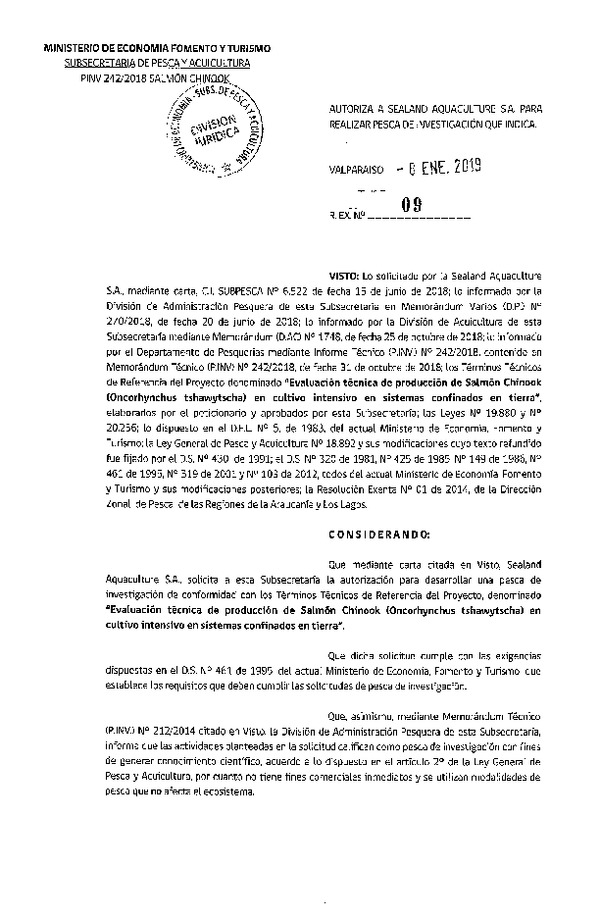 Res. Ex N° 09-2019 Evaluación técnica de producción de Salmón Chinook, Regiones de La Araucanía y Los Lagos.