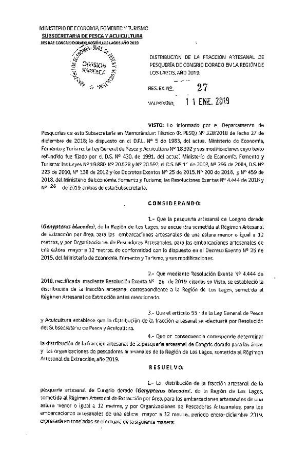 Res. Ex. N° 27-2019 Establece Distribución de la Fracción Artesanal de Congrio Dorado, en la Región de Los Lagos, Año 2019. (Publicado en Página Web 14-01-2019) (F.D.O. 19-01-2019)