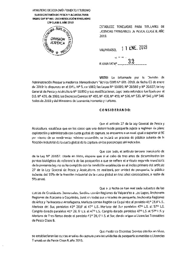 Res. Ex. N° 32-2019 Establece Toneladas Para Titulares de LTP Clase B, Año 2019. (Publicado en Página Web 14-01-2019) (F.D.O. 19-01-2019)