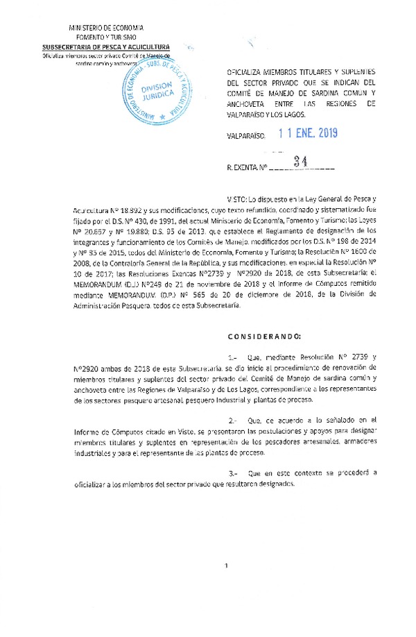 Res. Ex. N° 34-2019 Oficializa Miembros del Sector Privado que se Indican, del Comité de Manejo de Sardina Común y Anchoveta Entre las Regiones de Valparaíso y Los Lagos. (Publicado en Página Web 14-01-2019)