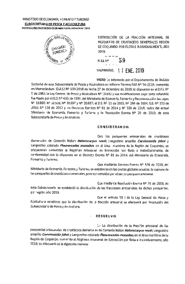 Res. Ex. N° 59-2019 Distribución de la Fracción Artesanal de Pesquerías de Crustáceos Demersales de Región de Coquimbo por Flota e Individualmente, año 2018. (Publicado en Página Web 14-01-2019)