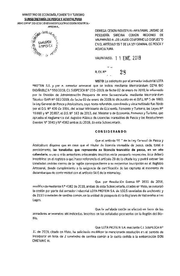 Res. Ex. N° 28-2019 Deniega Cesión Sardina común, Regiones de Valparaíso a Los Lagos.